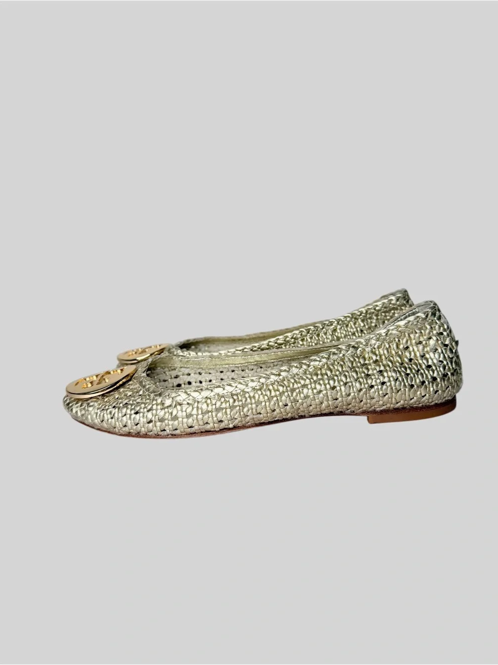 Tory Burch Reva gold metallic wovem raffia ballet flats